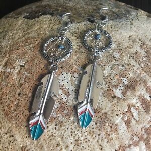 Hand Crafted Blue Diamond Nugget Dreamcatcher Earrings with Silver Feather Charm